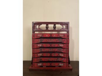 Rare Antique Chinese Red Lacquer Boxes In Caddy