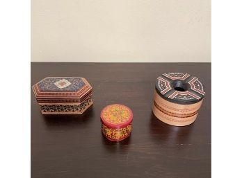 Mosaic Moorish Inlaid Jewelry Box, Toraja Ethnic Bamboo Carving Cigarette Ashtray And Balinese Pin Box