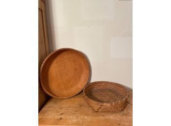 Large Hopi Corn Sifter Basket And Antique Woven Bamboo Basket