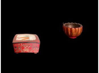 Chinese Red Lacquer Wood Box With Inlaid Blue And White Porcelain Fragment And Indian Bowl