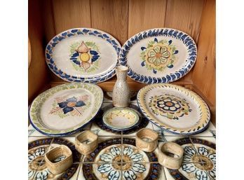 Hand Painted Pottery Dishes By Gorky Gonzalez Mexico's Master Artisan, Vtg Ceramic Napkin Rings And Vase