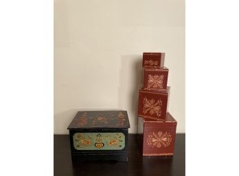 Pennsylvania Dutch Painted Jewelry Box And Grandma's Russian Wood Carved Canisters Set Of 4
