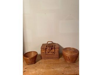 Vintage Hand Woven Wicker Round Lidded Storage Basket & Vintage Woven Wicker Picnic Basket W/double Handles