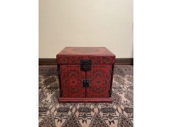 Antique Chinese Red And Black Lacquered Small Chest With Drawers Hand Carved
