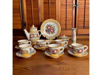 Modra Majolica Pottery  Serving Set Engraved Mark Czechoslovakia & Pair Of Hand Painted Portugal Candlesticks