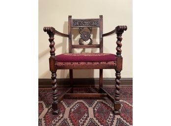 Antique Victorian Carved Oak Armchair Newly Reupholstered Burgundy Needlepoint
