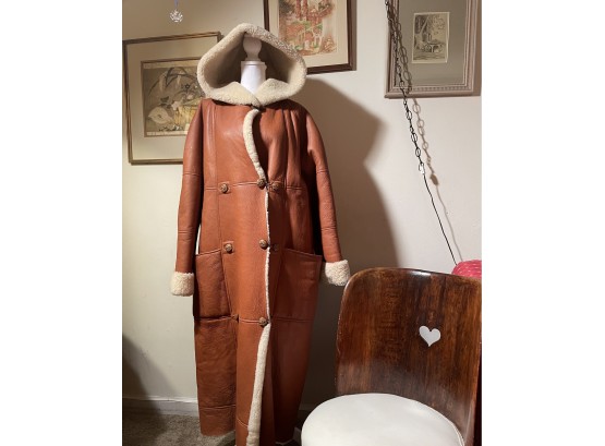 Rare Vintage 1994s Designed In NY Tan Leather Double Breasted Warm Coat