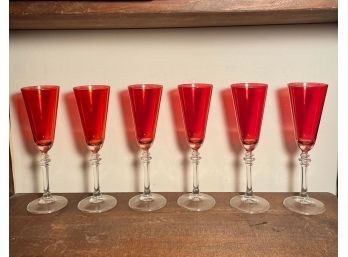 Beautiful Hand Blown Red Champagne Flute Glasses Set Of 6