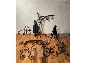 Vintage Hand Forged Iron Brackets, Hangers And Decorations