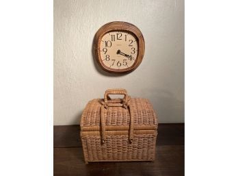 VERICHRON Quartz Wall Clock Wicker Bamboo USA And Vintage Woven Rattan Double Handle Basket