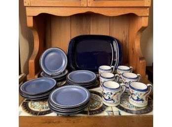 6 Hand Painted Ceramic Majolica Coffee Mugs Italy, Chantal Ceramic Baking Dish And 13 Blue Ceramic Saucers