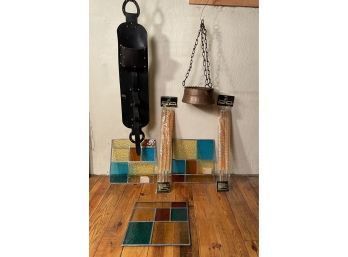 Modern Geometric Stained Glass Window Panels 3, Antique Copper Hanging Pot, Garden Citronella Candle Torch