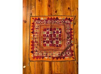 Beautiful Vintage Indian Ethnic Embroidered Ceremonial Wall Tapestry With Embroidered Mirrors
