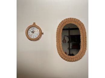 Vintage Wicker Rattan Oval Mirror And Vintage Clock In Hand Made Frame