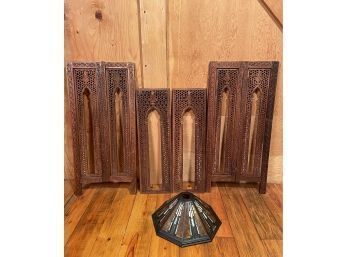 Beautiful Lot Of Indian Wood Carved Door Panels And Vintage Lamp Shade