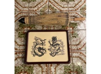 Chinese Paper Cut Detailed Art Work Framed And Thailand Oil Paper Hand Painted Umbrella