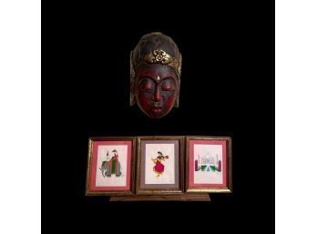 Handcrafted Wooden Buddha Wall Mask And Three Indian Miniature Original Paintings Framed