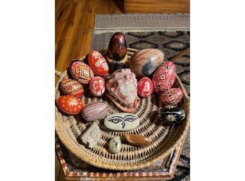 Stunning Antique Vintage Decorative Items, Hand Carved And Hand Painted Eggs, Mani Stones, Handwoven Tray