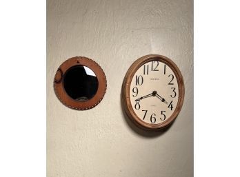 VERICHRON Quartz Wall Clock Wicker Bamboo USA And Mexican Mirror In Leather Frame