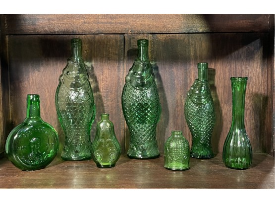 Federal Glass Fish Figural Emerald Green Italian Decanters Set Of 3, Vase & More Collectible Glasses