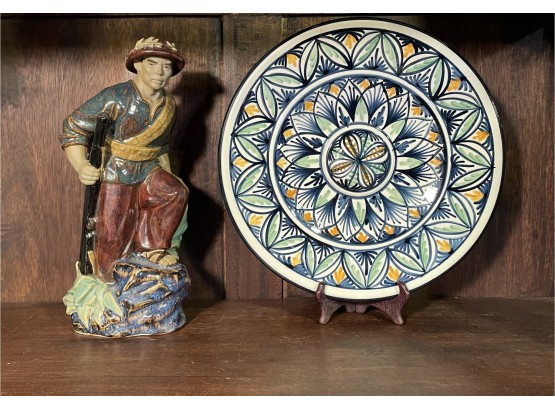 Lot Includes Vintage Collectible Porcelain Ceramic Statue And Hand Painted Signed Large Dish