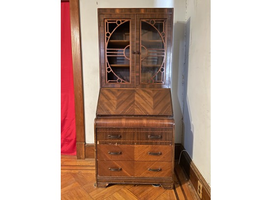 Antique Drop Front Cabinet (one Section Of The Glass In The Cabinet Is Missing)