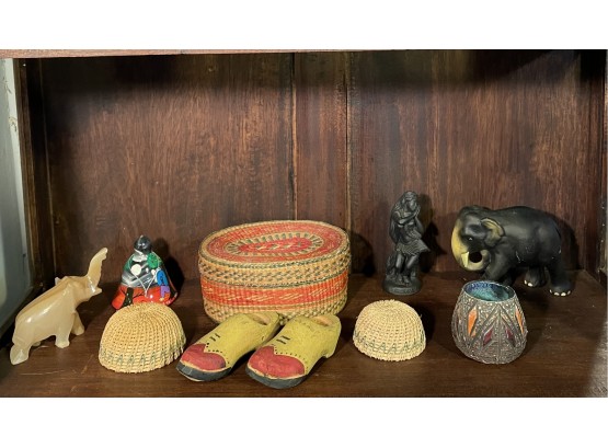 Lot Of Mid Century Modern And Vintage Collectibles: Elephants, Pottery, Baskets, Statue, Bell, Dutch Shoes