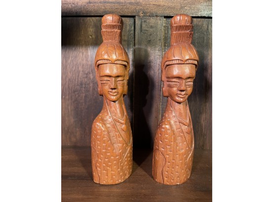 Pair Of Hand Carved Wooden Asian Busts