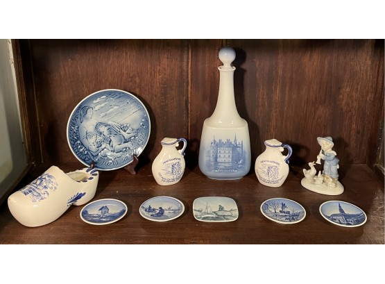 Royal Copenhagen Lot Items: 4881 Decanter W/stopper, Miniature Plates, Figurine, Holland Shoe, S&p Shakers