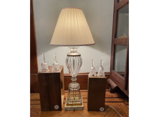 Glass Urn-Shaped Lamp On Square Marble Base And 2 Pair Of Crystal Bells