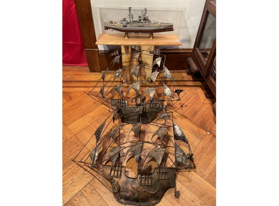Lot Of Large Vintage Metal Wall Sculpture Sail Ship Set Of 2, Model Warship With Display Case Box