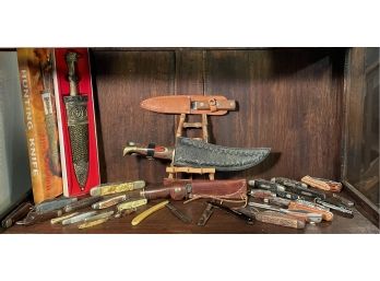 Lot Of Vintage Knives: Hunting Knife, Schrade #491 Hunting Knife , Two Vintage Razors, Rainbow Wood Knife Etc