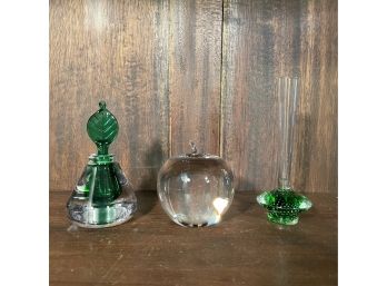 TIFFANY & CO Signed Crystal Apple Paperweight, Vintage 1960's Art Glass Bud Vase And Glass Perfume Bottle