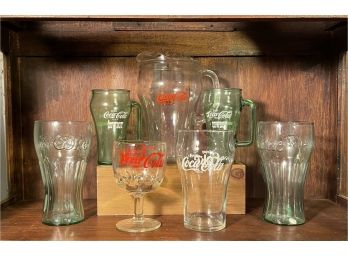 Coca-cola Vintage Lot: Decanter, Whataburger Coca Cola Cowboy Handled Cups And Glasses