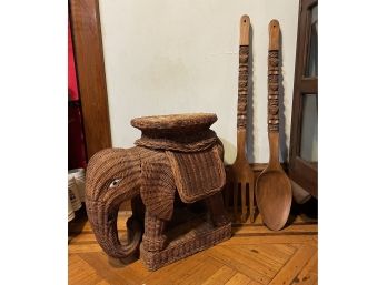 Wicker Rattan Elephant Stool/table And Vintage Large Carved Wood Fork And Spoon