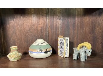 Native American Seed Pot Artist Signed, NEMADJI Indian Pottery, Ceramic Flask & Porcelain Goat Figurine Japan