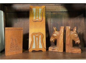 Hand Carved Bookends And Carved Wood Folding Book Stand