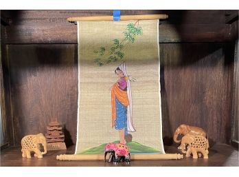 Beautiful Wooden Elephant Sculptures, Indian Wall Hanging Art On Silk And Hand Made Wooden Temple