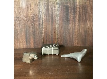 Lot Of Vintage Hoselton Aluminum Sculpture Signed, Japanese Music Box And Dansk Weighted Figurine