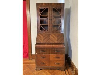 Antique Drop Front Cabinet (one Section Of The Glass In The Cabinet Is Missing)