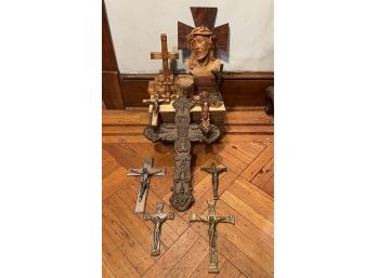 Lot Of Cast Iron Wall Crosses, Wooden Handicraft Jesus Christ Statues And Crosses Made Of Matchsticks