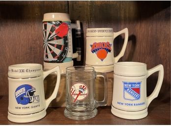 Lot Of Vintage Beer Steins: Rare New York Knicks Beer Stein, NFL, NHL, Darts Stein