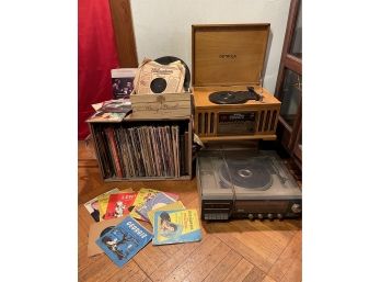 Oak Detrola KM837 Replica Record Player CD Cassette Am/Fm Radio Speakers, Vtg Lenoxx Sound SL-118 And  Records