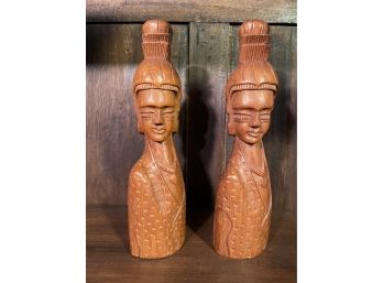Pair Of Hand Carved Wooden Asian Busts
