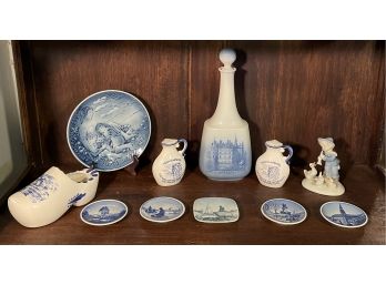 Royal Copenhagen Lot Items: 4881 Decanter W/stopper, Miniature Plates, Figurine, Holland Shoe, S&p Shakers