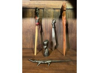 Collectible Hand Crafted Lot Includes African Tribal Wooden Statue, Letter Openers And Hand Carved Alligator