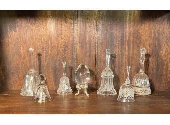Lot Of Vintage Crystal And Glass Bells And Crystal Egg With Pedestal