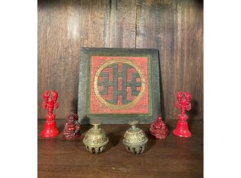 Hand Carved Chinese Wall Decor, Vintage Brass Etched Claw Bells, Set Of 2 Miniature Buddha Figurines & Bells