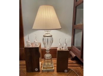 Glass Urn-Shaped Lamp On Square Marble Base And 2 Pair Of Crystal Bells