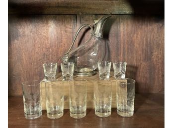 Very Fine Quality Hand Etched Wheat Pattern Barware Glasses And Shot Glasses And Duck Wine Decanter